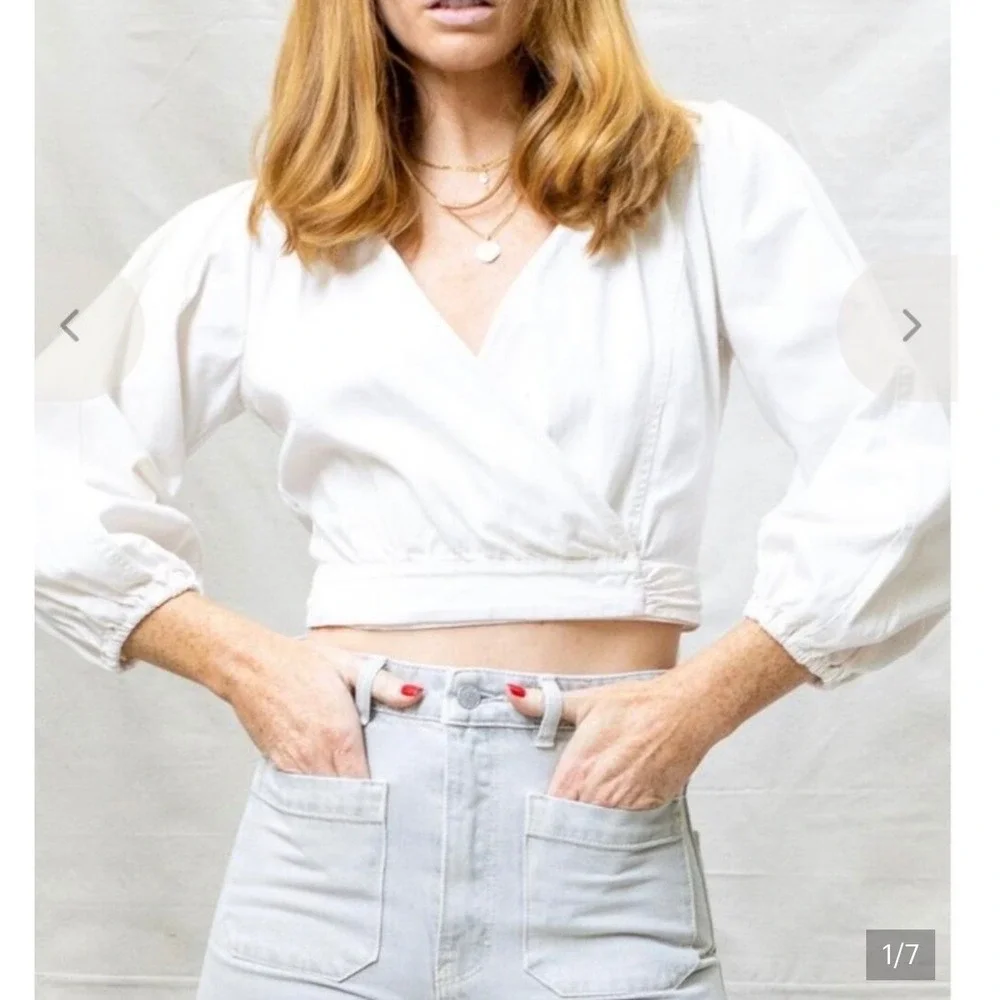 Free People Women's XS Sophie Cream Cotton Denim Puff Sleeve Wrap Crop Top Boho
